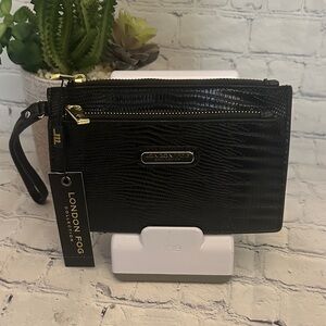 London Fog Textured Croc Faux Black Wristlet- 2 zipper. Gold hardware